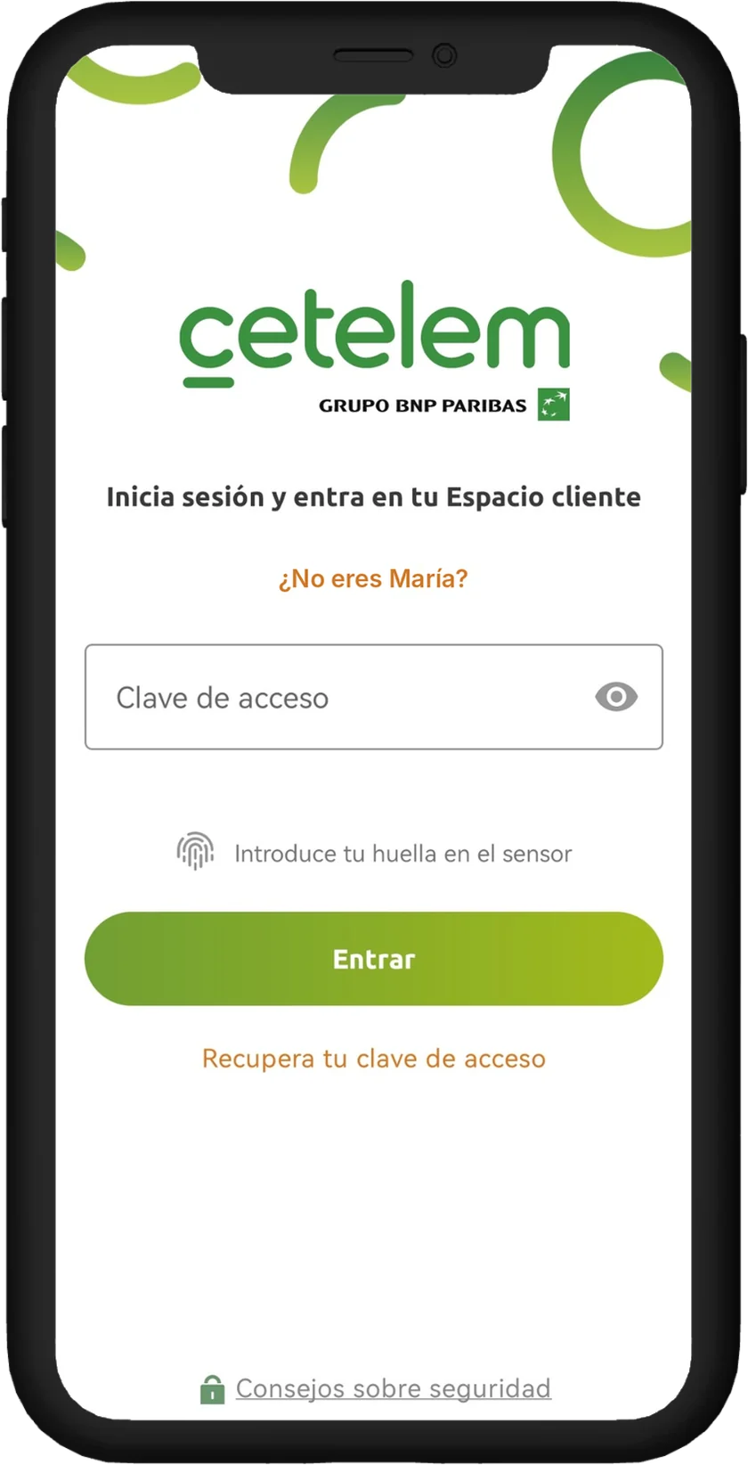 App actual de Cetelem: pantalla de acceso con el logotipo, el campo de clave y el botón Entrar.