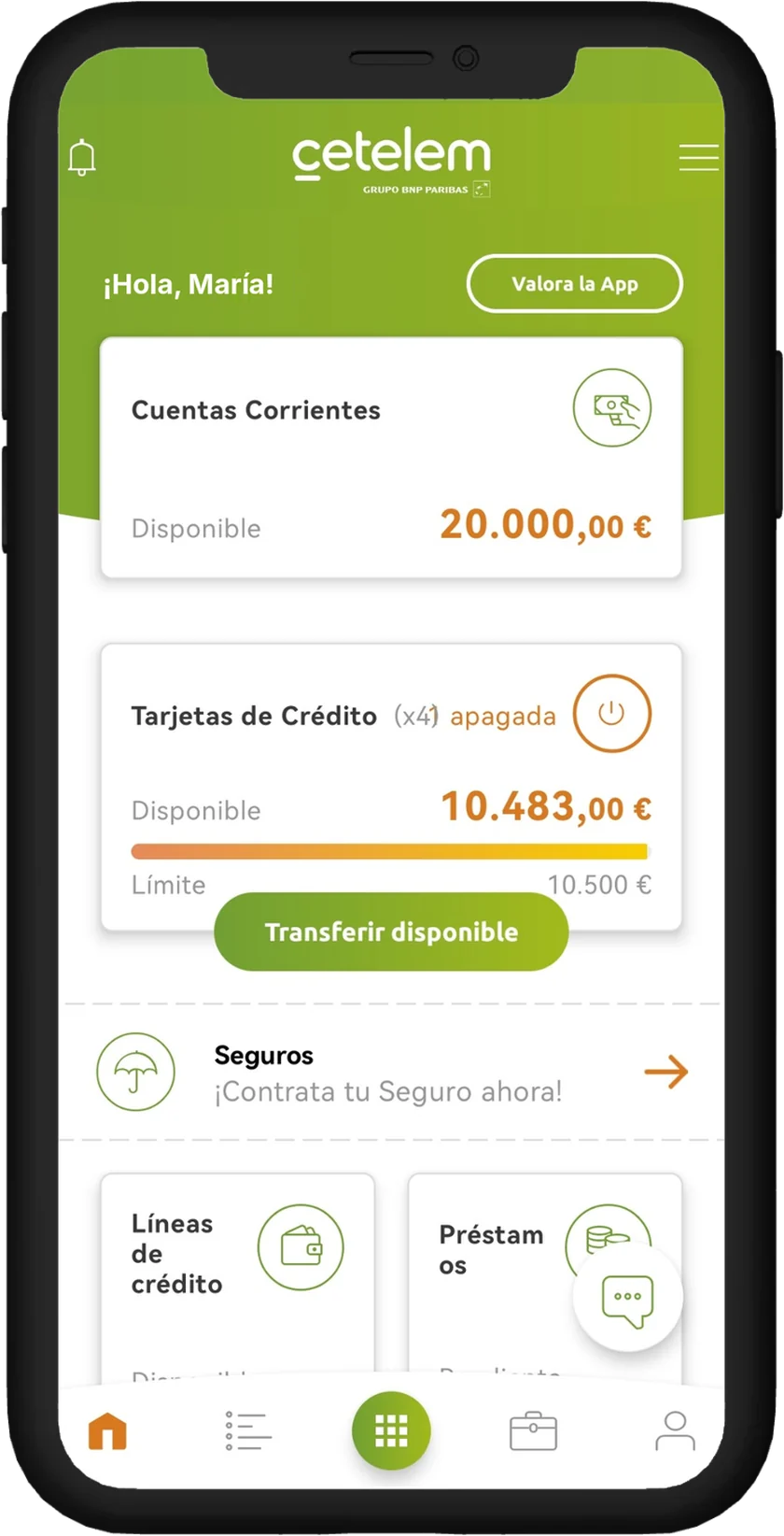 App actual: inicio con una tarjeta grande por producto (cuentas corrientes, tarjetas de crédito, seguros, líneas de crédito y préstamos).