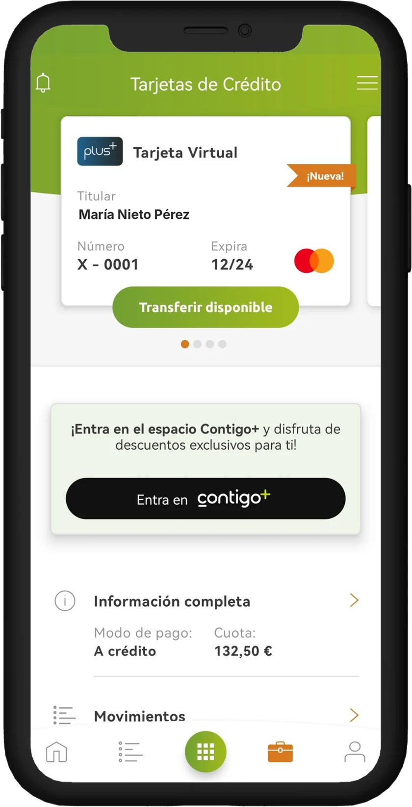 App actual: detalle de tarjetas de crédito en carrusel, con un banner promocional y la información de pago.