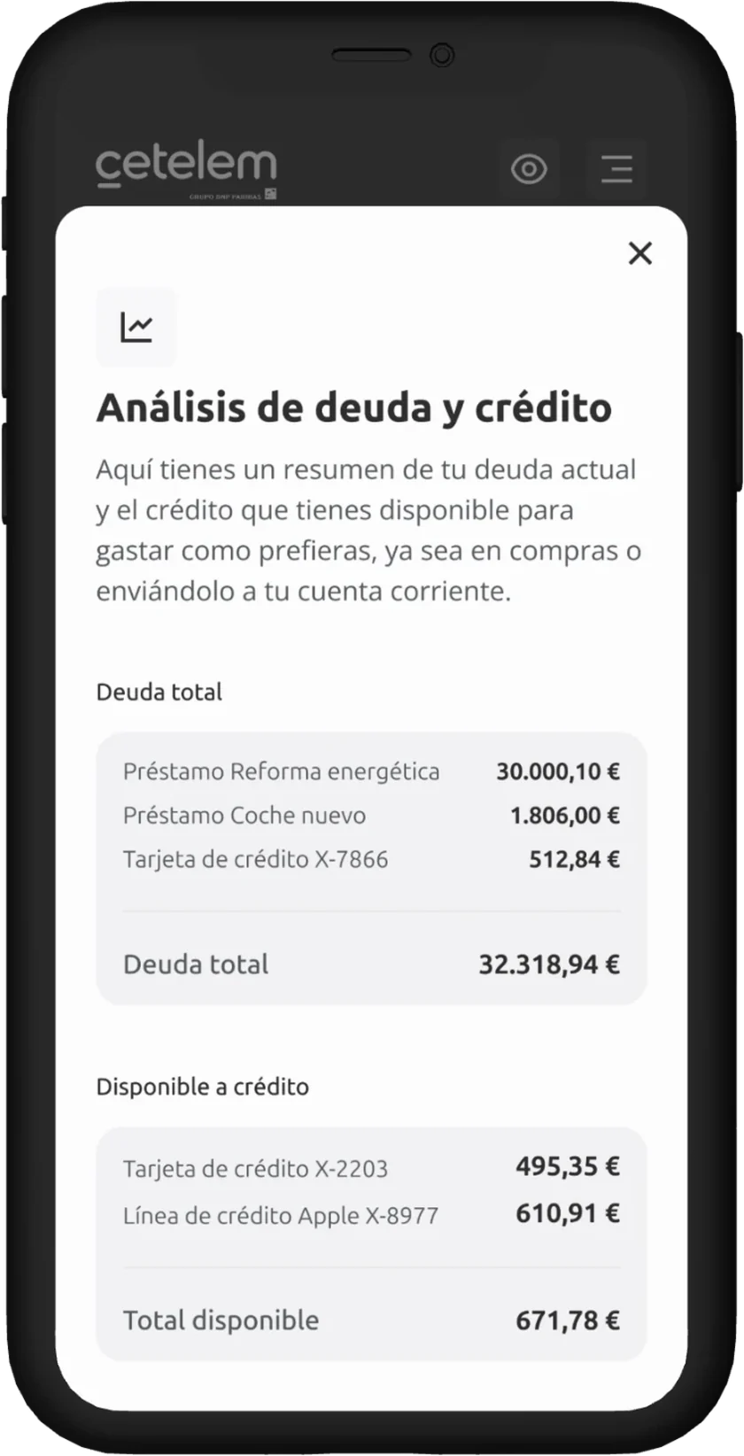 Mockup en grises del análisis de deuda y crédito: préstamos y tarjetas con la deuda total y el crédito disponible.