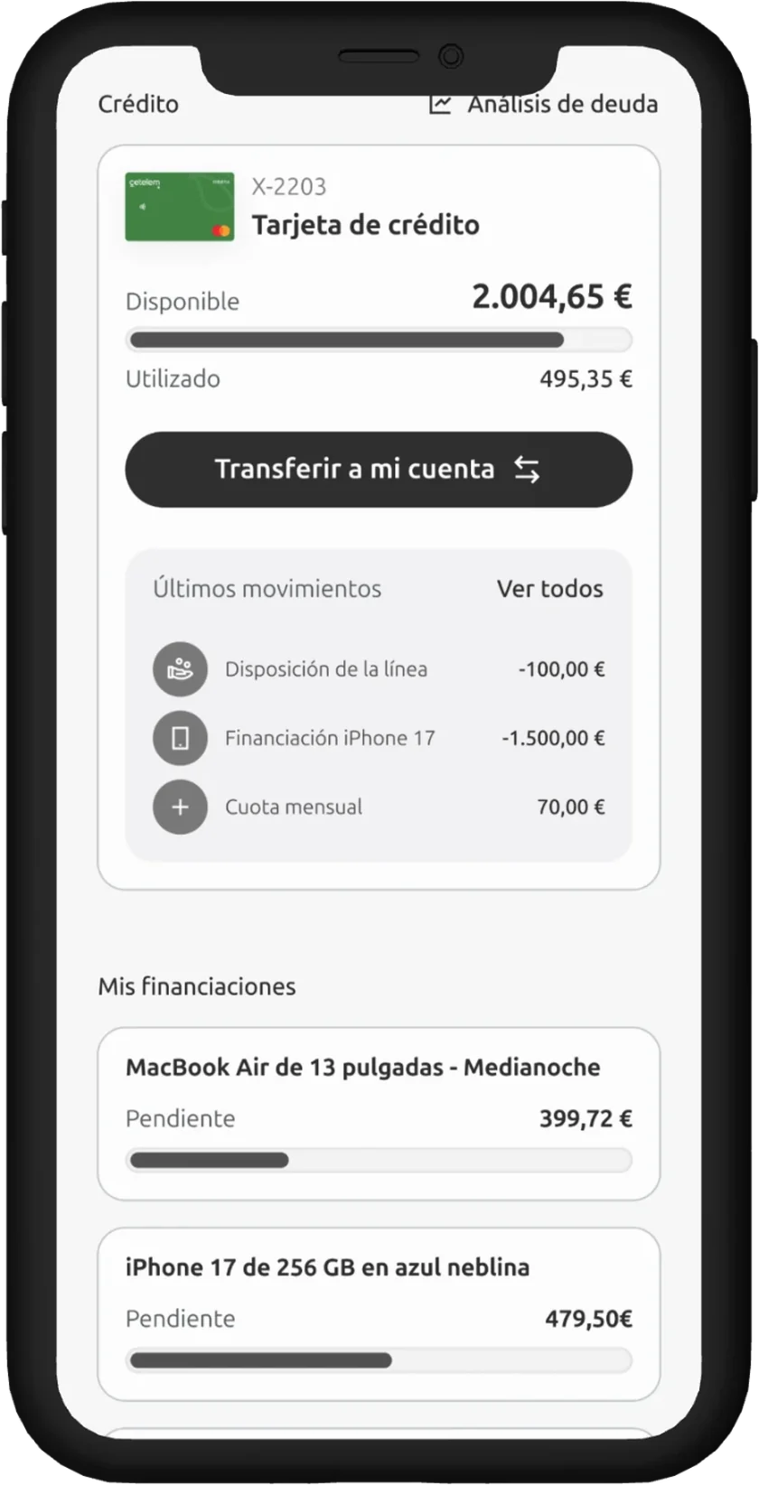 Mockup en grises de la vista de crédito: tarjeta, disponible, últimos movimientos y financiaciones pendientes.