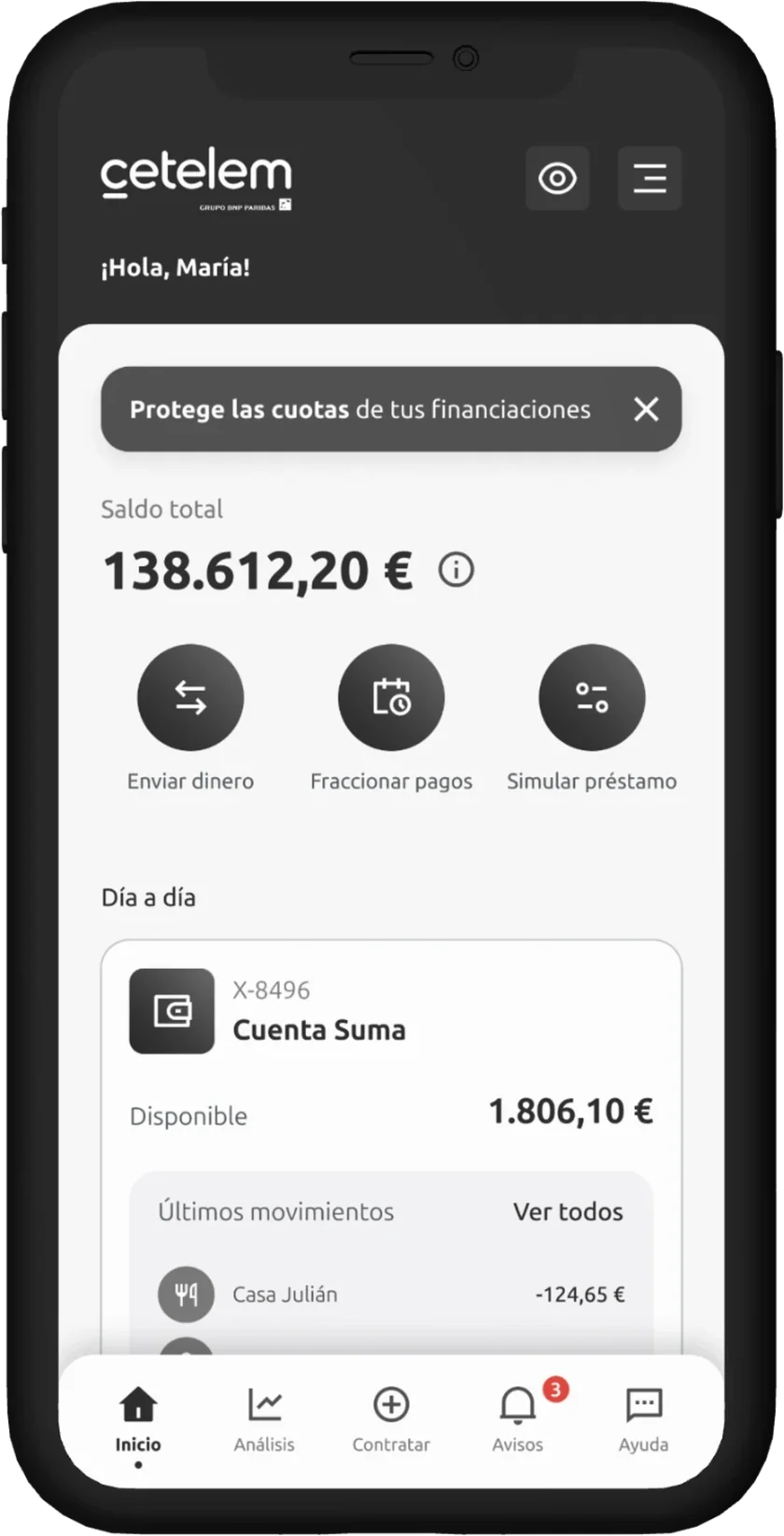 Mockup en grises del inicio: saldo total, accesos rápidos y la Cuenta Suma con sus últimos movimientos.