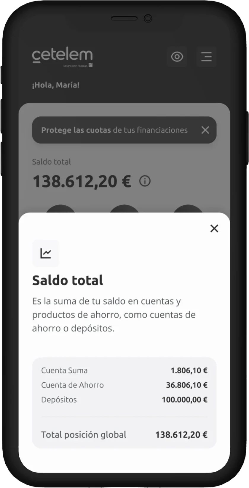 Mockup en grises de la hoja de saldo total, que desglosa Cuenta Suma, cuenta de ahorro y depósitos.