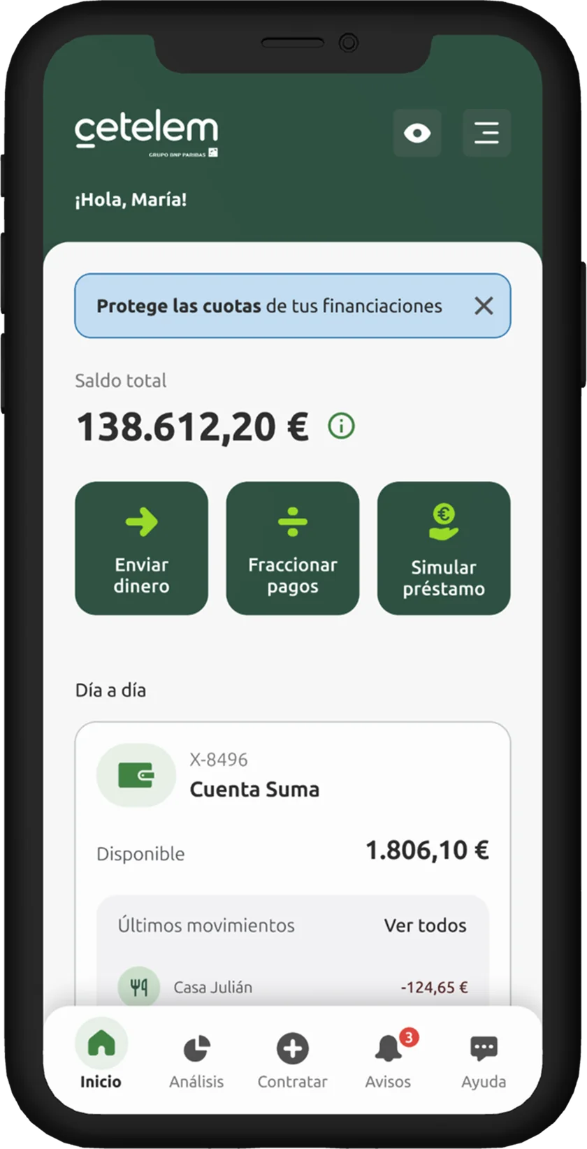 Pantalla de inicio: saldo de la cuenta, accesos rápidos y movimientos del día a día.