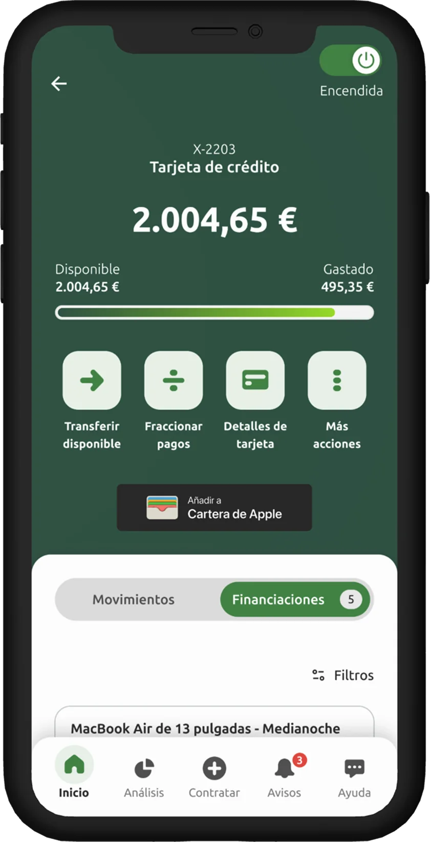 Detalle de la tarjeta de crédito: saldo dispuesto, disponible y accesos rápidos a sus operaciones.