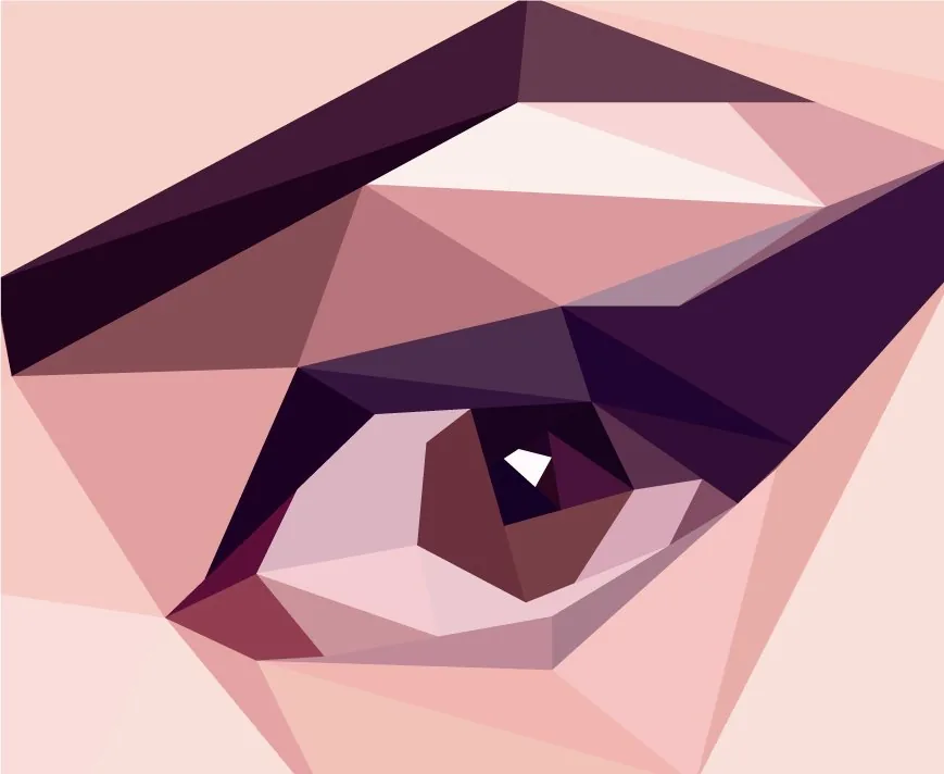 Detalle del ojo del retrato low poly, construido con polígonos en tonos rosas y morados.