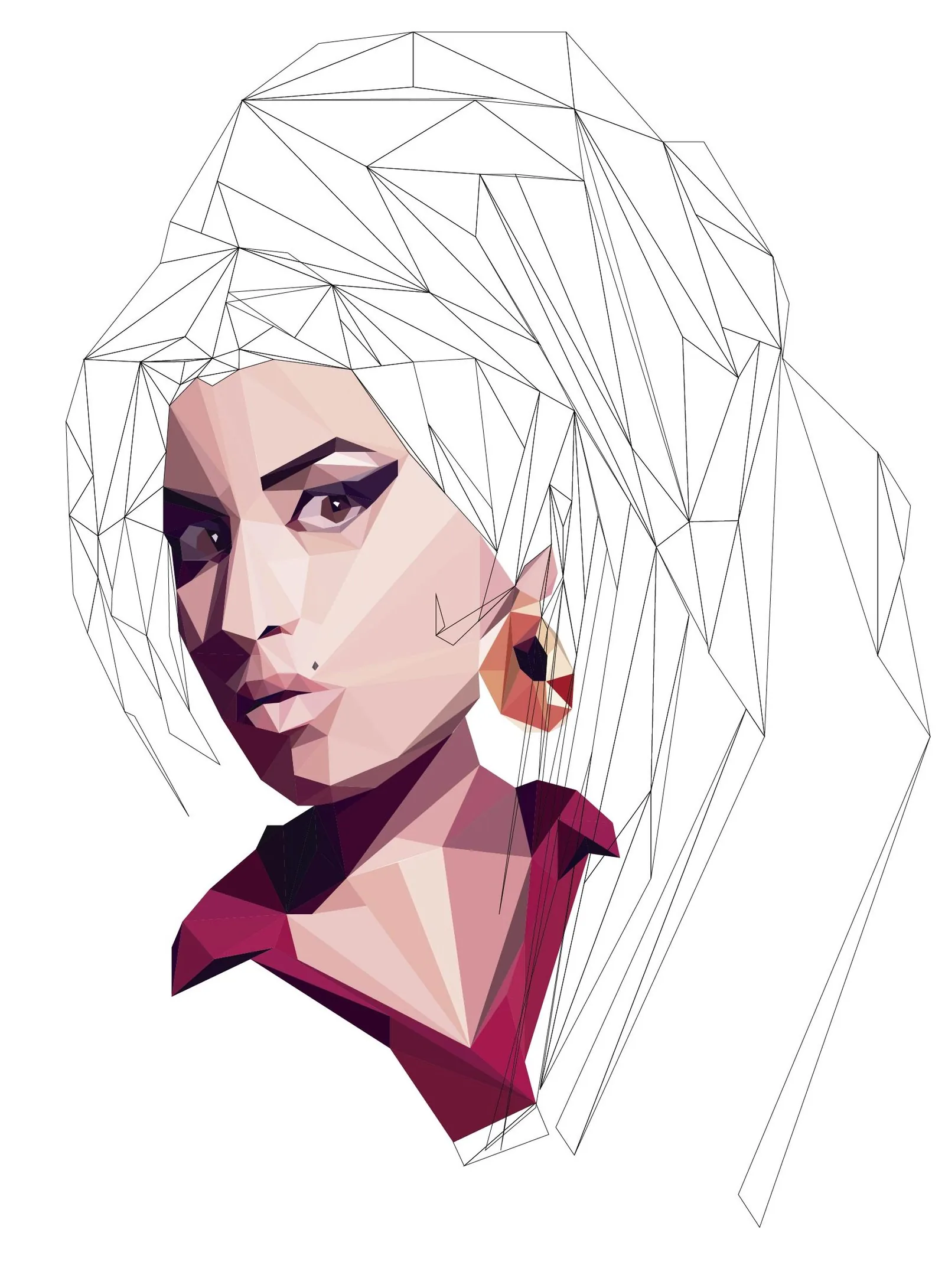 Retrato vectorial de Amy Winehouse en estilo low poly, con parte del rostro en color y el resto en malla de líneas.