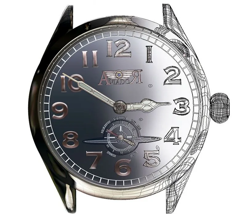 Ilustración realista de un reloj de pulsera de esfera oscura, con parte de la caja dibujada en líneas.