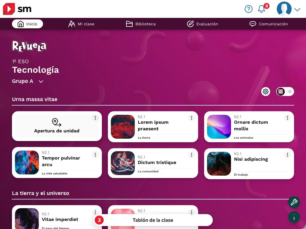 Unidad de Tecnología con sus actividades en tarjetas sobre fondo morado.