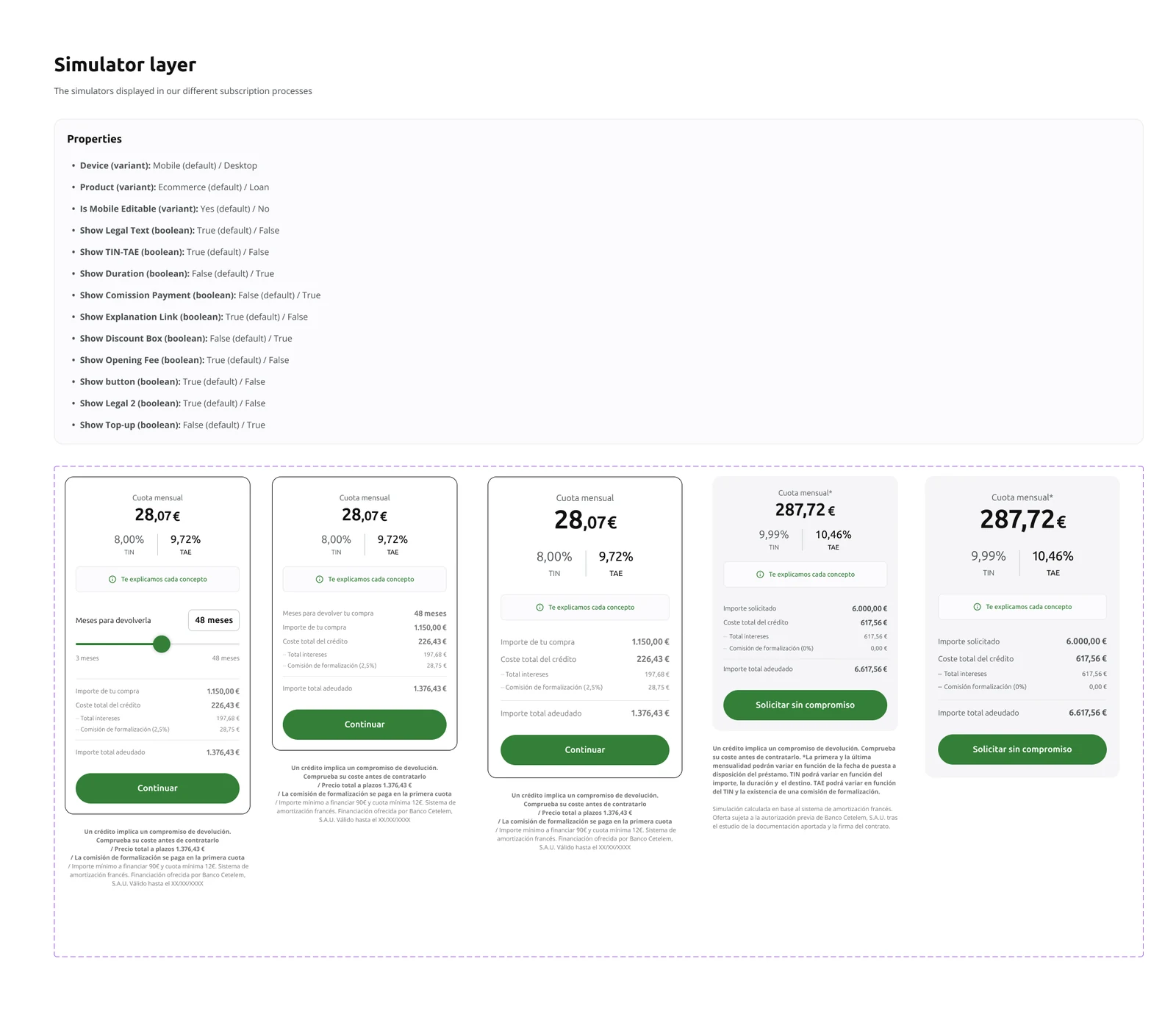 Ficha del simulador de financiación con sus propiedades configurables y cinco variantes para eCommerce y préstamo, en móvil y escritorio.
